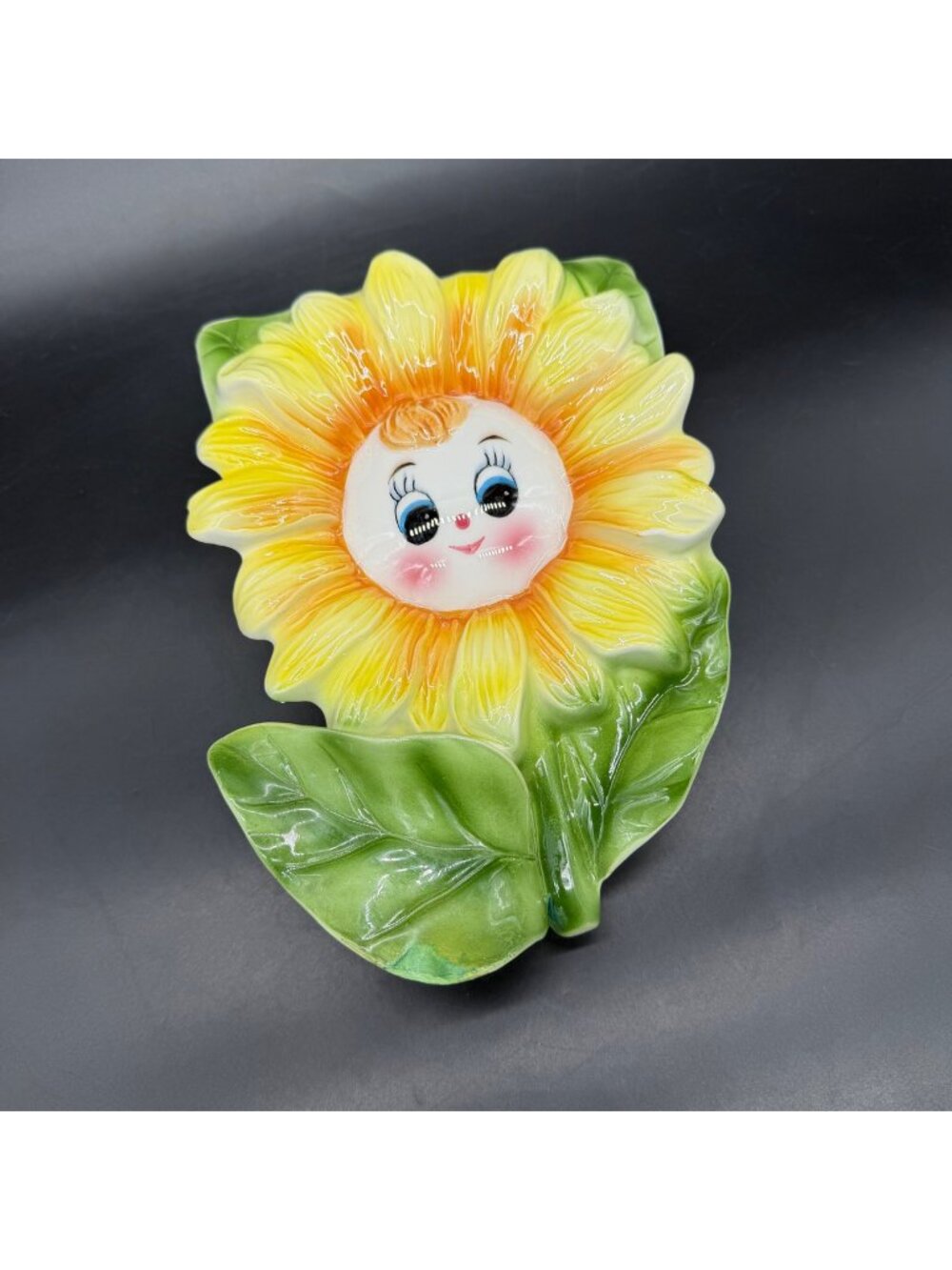 Vintage Sunflower Wall Pocket Vase Anthropomorphic Flower Ceramic Japan Kitsch